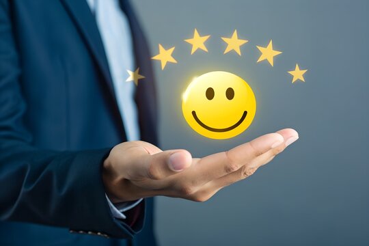 Customer Satisfaction: a business professional's hand, showcasing a vibrant illustration representing exceptional customer satisfaction and service excellence.