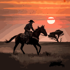 Silhouette of Cowboy on Horseback at Sunset &ndash; Dramatic Western Scene with Orange Sky, Birds in Flight, and Lone Tree in the Distance