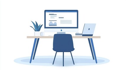 Fototapeta premium Modern workspace design showcasing a minimalist aesthetic for remote work setup with desktop laptop and plant on table in a clean environment