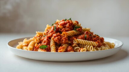 A white plate showcasing fusilli pasta accompanied by a flavorful sauce, embodying comfort food tradition.