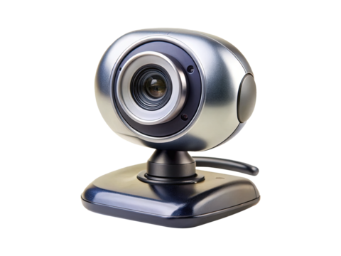 High resolution image of a stylish silver webcam with a glossy base