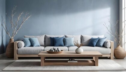 Serene Modern Living Room with Light Blue Walls and Wooden Sofa