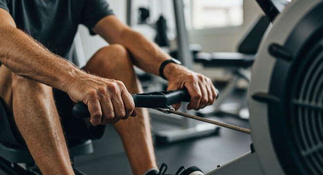 Man rowing machine workout, gym, fitness, healthy lifestyle