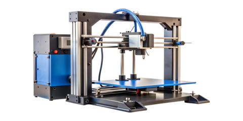 Detailed studio shot of a modern 3D printer with a blue platform