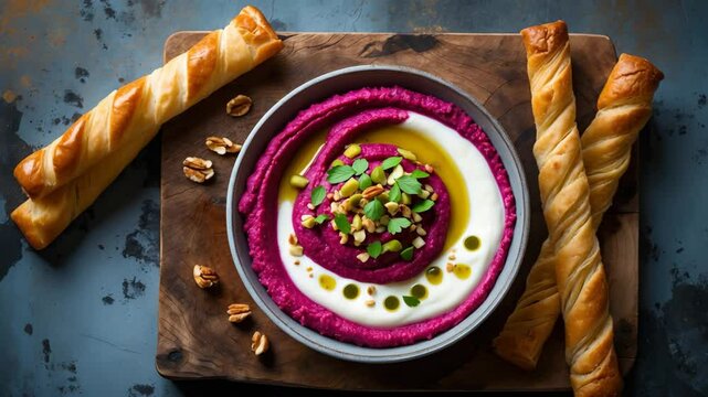 Healthy vegetarian beet dip accompanied by puff pastry breadsticks on a rustic wooden surface