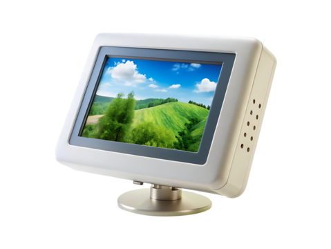 A modern display screen showcasing a beautiful natural landscape image with clouds