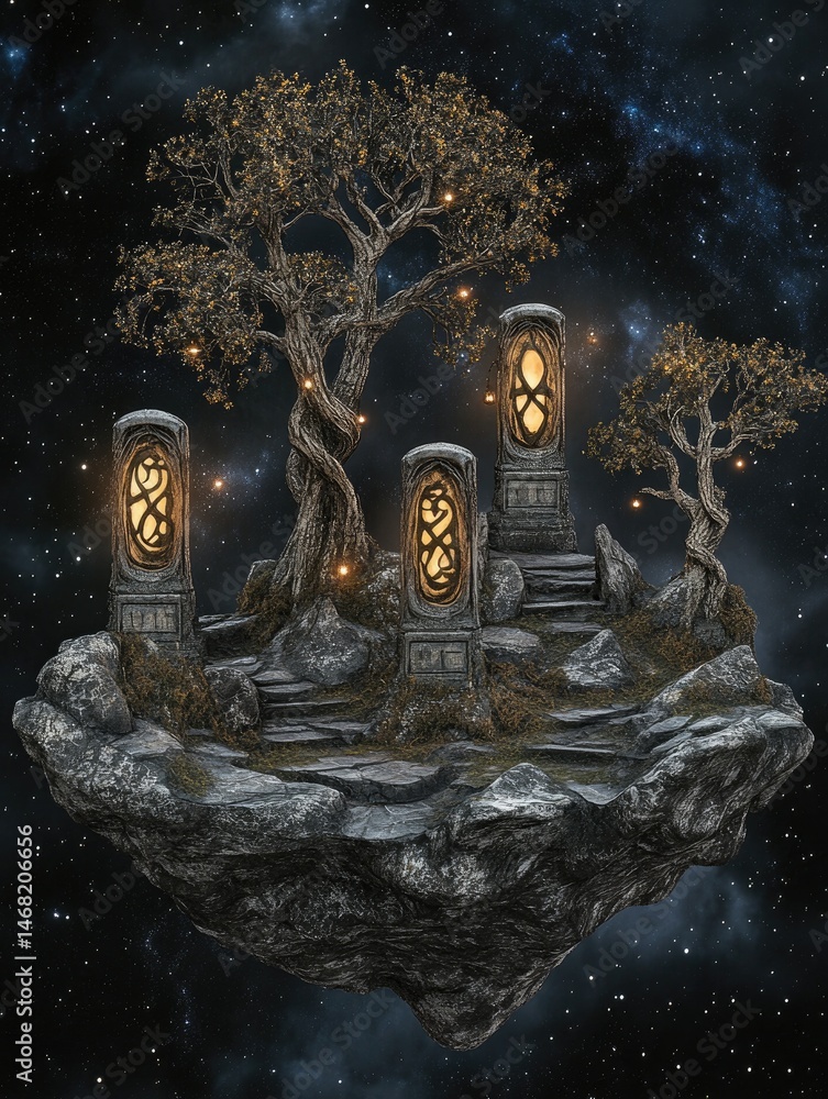 Poster fantasy island scene with glowing trees and monuments in space against a starry background. features