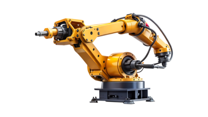 Detailed view of a complex yellow industrial robotic arm on white background