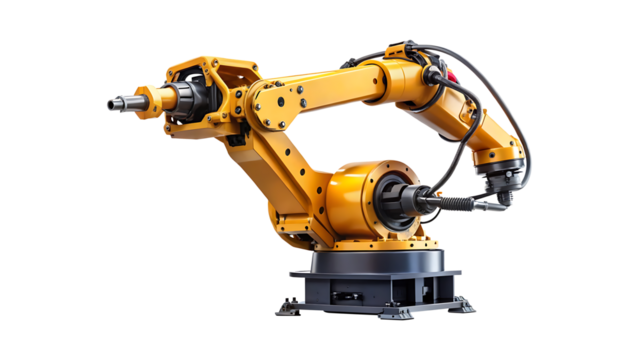 Detailed view of a complex yellow industrial robotic arm on white background