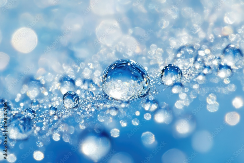 Poster macro shot of glistening water droplets on a blue surface, reflecting light and creating a mesmerizi