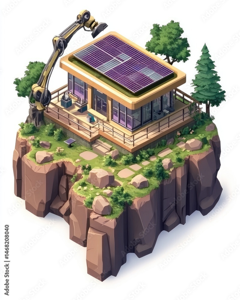 Poster isometric view of a modern structure on a floating platform features solar panels, trees, and a mech