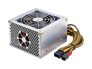 Computer Power Supply Unit with Wires Isolated on White Background, a CloseUp