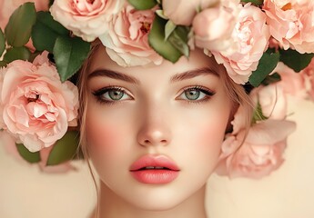 Close-up portrait of a beautiful woman adorned with a floral and leafy headpiece, featuring radiant skin and pink lipstick makeup.