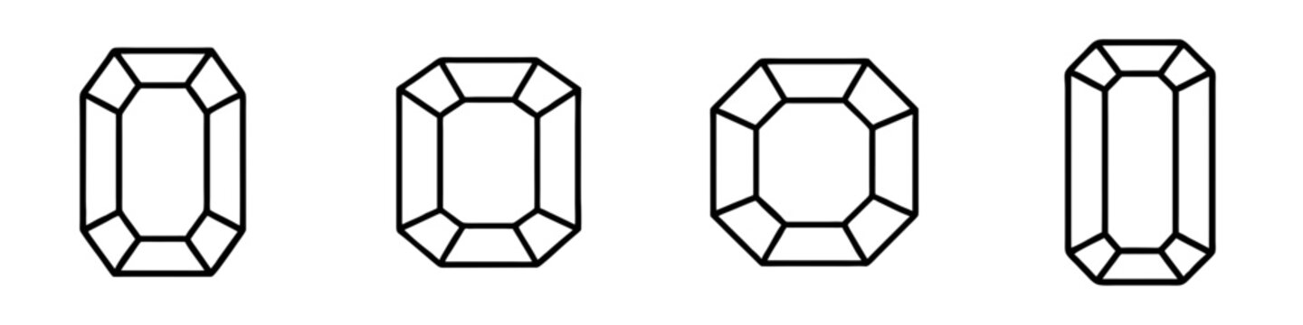 Emerald Cut Gemstone Outline icons set, vector