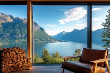 Modern living room overlooking scenic Norwegian fjord landscape with mountains and lake view