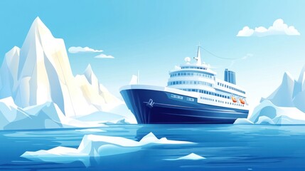 Large cruise ship sailing among icy mountains.