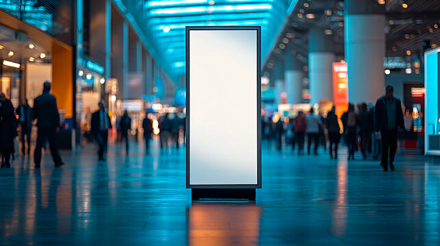 Vertical blank banner stand placed in the center of a busy tradeshow hall with blurred visitors. 