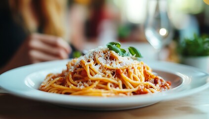 Close-up shot of delicious spaghetti topped with rich tomato sauce and grated parmesan cheese, served on a rustic table, with focus on the food.