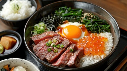 Delicious Japanese Beef Bowl with Rice, Egg, and Seafood