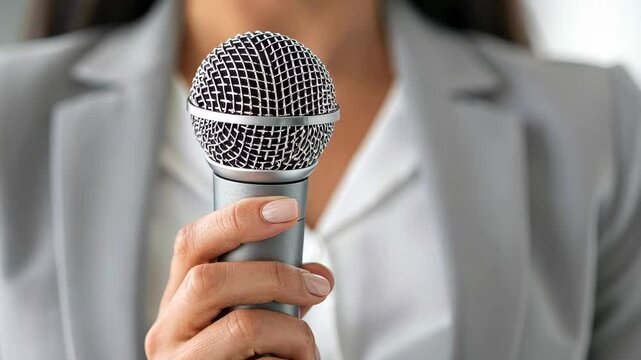 Close Up with Microphone: A professional speaker grips a microphone tightly, ready to address the audience with focus and poise, perfect for communications and presentations.