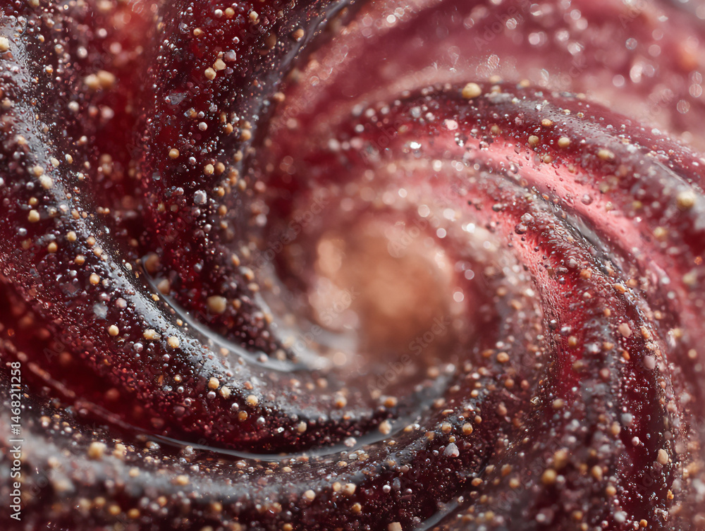Poster a macro shot focusing on the texture of the red and white swirl in a clear glass mug, with a dusting