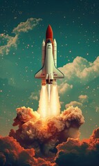 Obraz premium illustration wallpaper spaceship rocket flying and smoke outer space background concept Generate AI