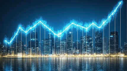 Naklejka premium Futuristic financial growth chart above vibrant city skyline signifying prosperous economic expansion and market trend analysis overview