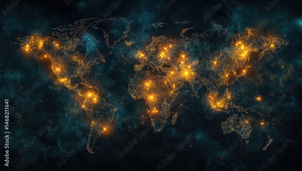 Poster global network illuminated. world map, highlighted by glowing points of light, suggesting global int