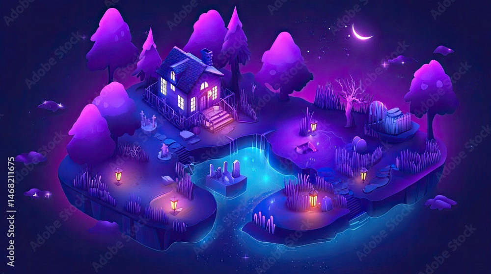 Poster pixelated night scene with a house on an island with a bridge and trees under the moonlight. the sce