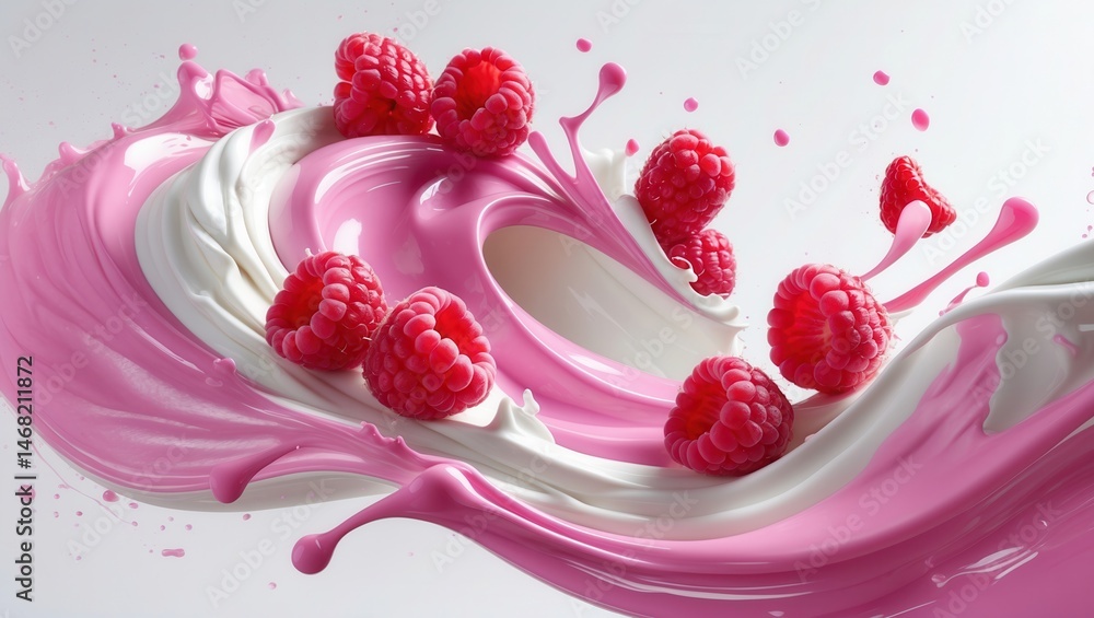 Poster fresh raspberries splashing in pink and white liquid swirl, creating a dynamic and vibrant compositi
