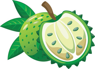 A vibrant vector art illustration of a fresh soursop fruit, showcasing its spiky green skin and juicy, tropical white flesh.