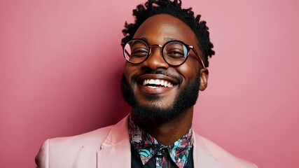 Joyful Man in Pink Blazer: A portrait of a smiling Black man with a beard and glasses, wearing a pink blazer and patterned shirt, radiating happiness against a solid pink background. - Powered by Adobe