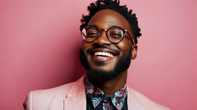 Joyful Man in Pink Blazer: A portrait of a smiling Black man with a beard and glasses, wearing a pink blazer and patterned shirt, radiating happiness against a solid pink background. 
