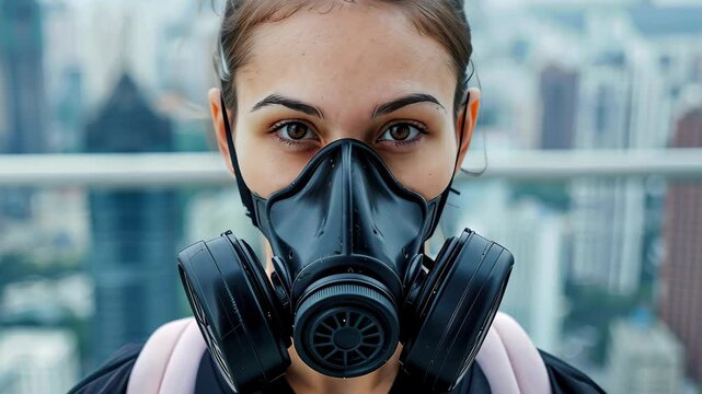 Safety First: A determined woman, her gaze direct, is seen wearing a respirator, a symbol of personal protection and resilience in the face of adversity, standing atop a cityscape.