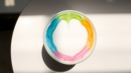 Rainbow Latte with Whimsical Rainbow and Heart Foam Frame Art in a Coffee Cup with Blank for Graphic Design, Overhead Flat Lay, White Background 