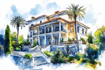 Detailed illustration of a luxurious mansion with gardens.