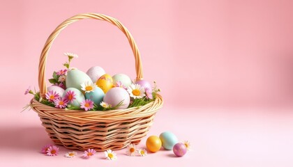 Pastel Easter Eggs in Wicker Basket with Flowers on Pink Background