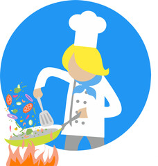 Cartoon Illustration vector of a chef cooking with a frying pan over a hot fire in circle round blue background. Perfect to show how to cook or FnB mascot.
