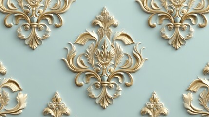 Ornate gold relief pattern on light blue background