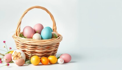 Naklejka premium Charming easter egg basket with vibrant spring colors against soft background