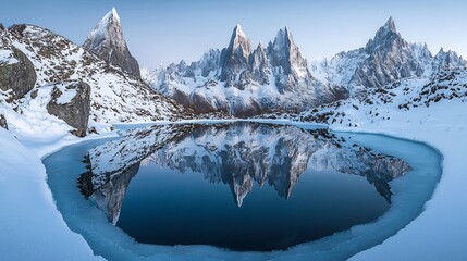 Serene mountain range covered snow crystal clear lakes reflecting the jagged peaks cinematic peaceful winter scene