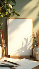 Blank canvas on wooden easel with greenery in soft sunlight