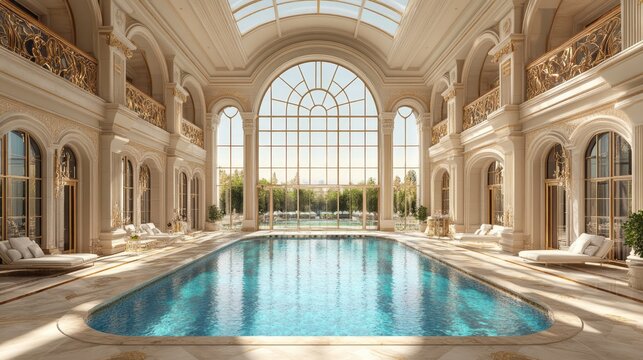 Luxurious indoor pool area with ornate architecture.