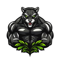 Obraz premium Vector esports logo featuring a muscular panther with fierce expression and green foliage elements