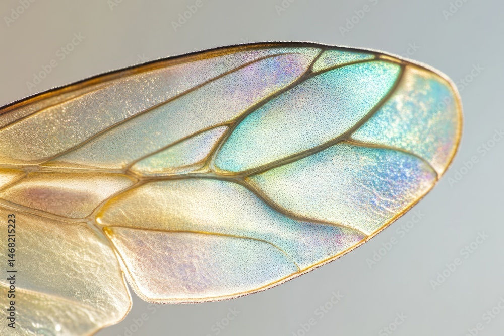 Poster close-up of iridescent insect wing showcasing intricate vein patterns and ethereal colors.