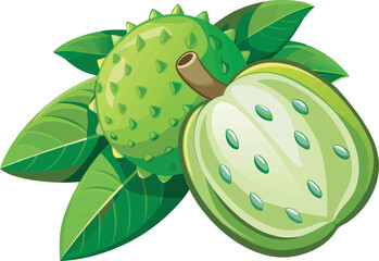 A vibrant vector art illustration of a soursop fruit, showcasing its textured green skin and creamy, delicious interior in detail.