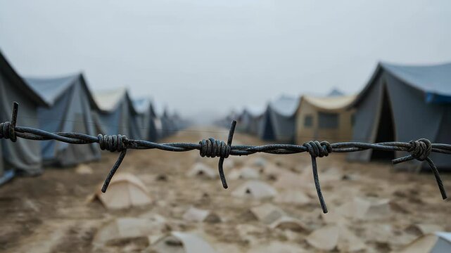 Refugee Camp: Barbed wire in the foreground with rows of tents blurring into the hazy distance.  A poignant image symbolizing displacement and the harsh realities of refugee life. 