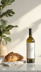 Bottle of wine and bread on light background
