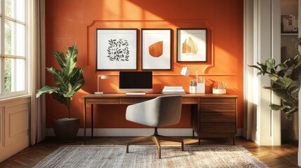 Home office with a wooden desk, gray chair, orange wall, framed art, and a leafy plant. Sunlight and warm tones make it cozy and productive