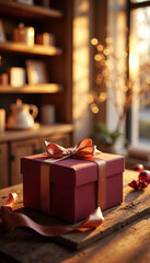 Gift box with ribbon wrapped on wooden table